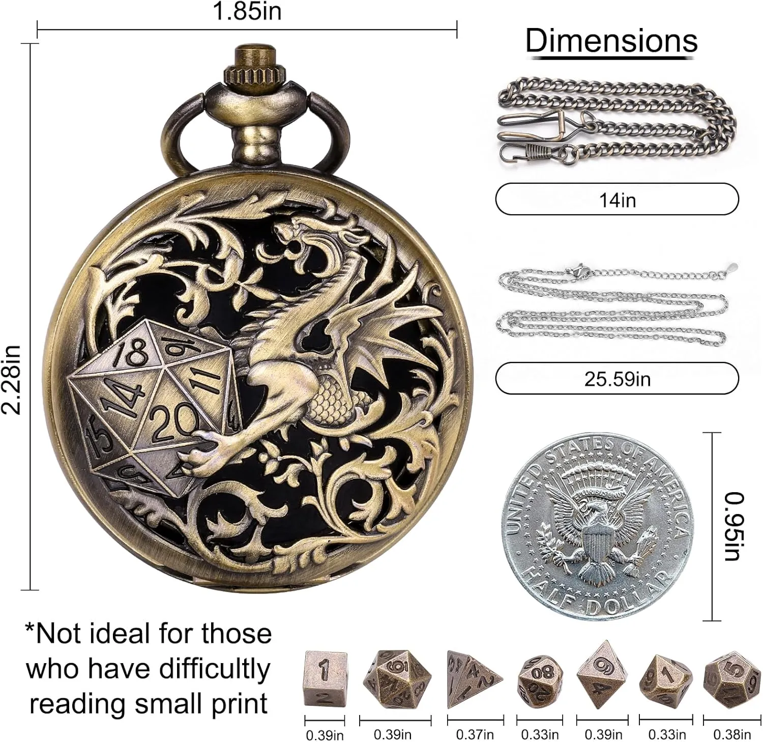 ManChDa Mini D&D Dice Set DND Pocket Watch Shell 7PCS Micro Polyhedral Dice Set Metal Dice Dungeons and Dragons Accessories Bronze
