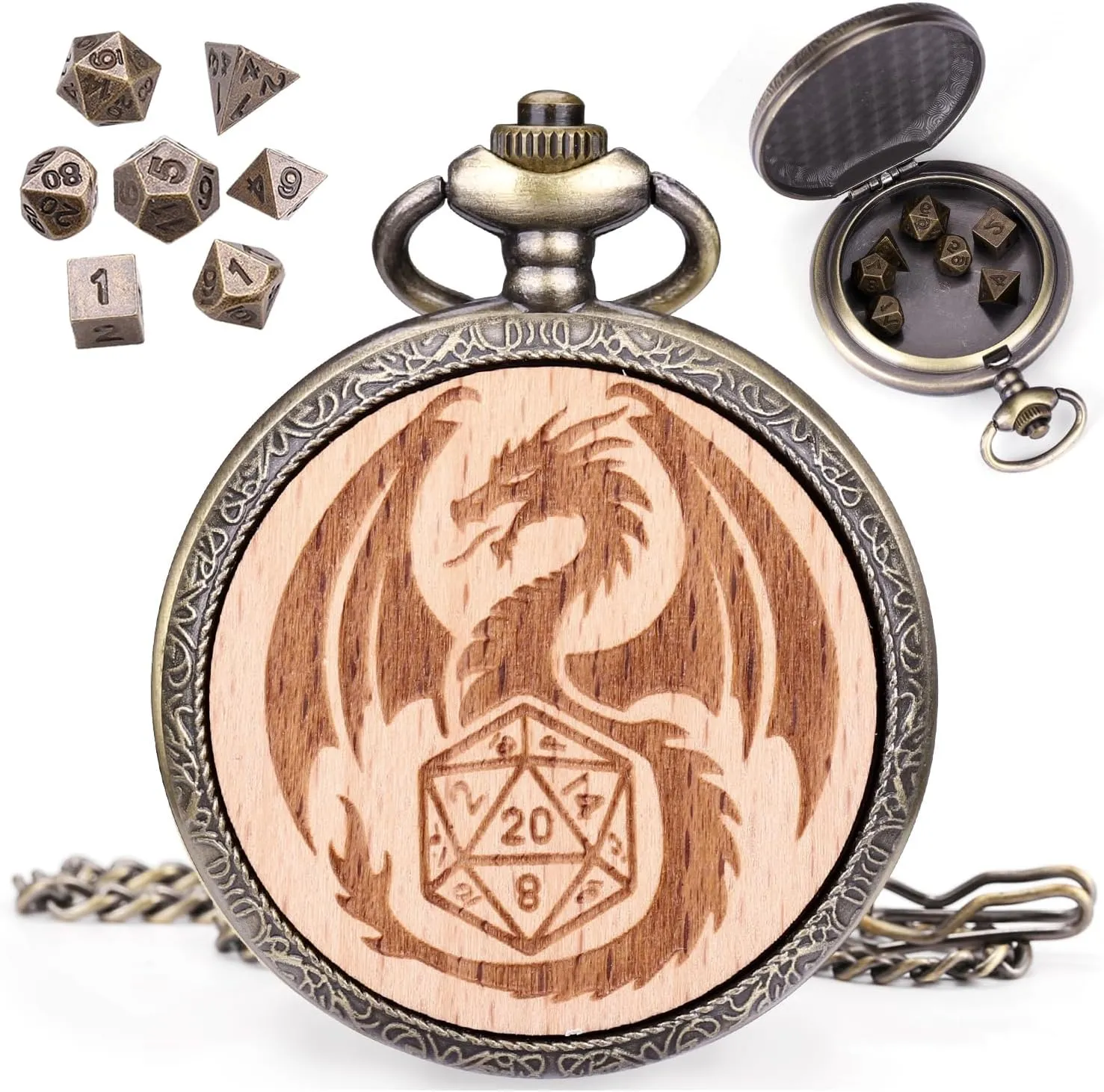 ManChDa Mini Wooden Shell 7PCS Micro Polyhedral Dice Set - Metal Dice Dungeons and Dragons Gifts Accessories Bronze
