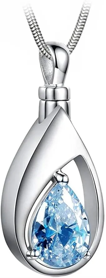 March Birthstone - Silver-tone teardrop with Aquamarine Birthstone Gem-Pendant with Chain - Cremains Necklace - Cremation Keepsake - Pendant with Chain for Ashes- Necklace for Adult Ashes