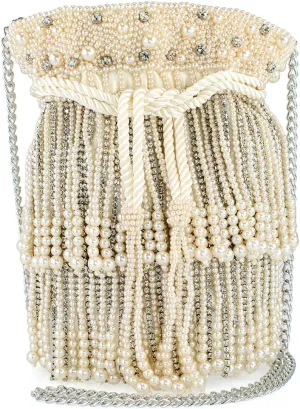 Mary Frances Elegant Pearl Beaded Crossbody Handbag Rhinestone Drawstring Novelty Evening Purse with Removable Chain Strap, Ivory