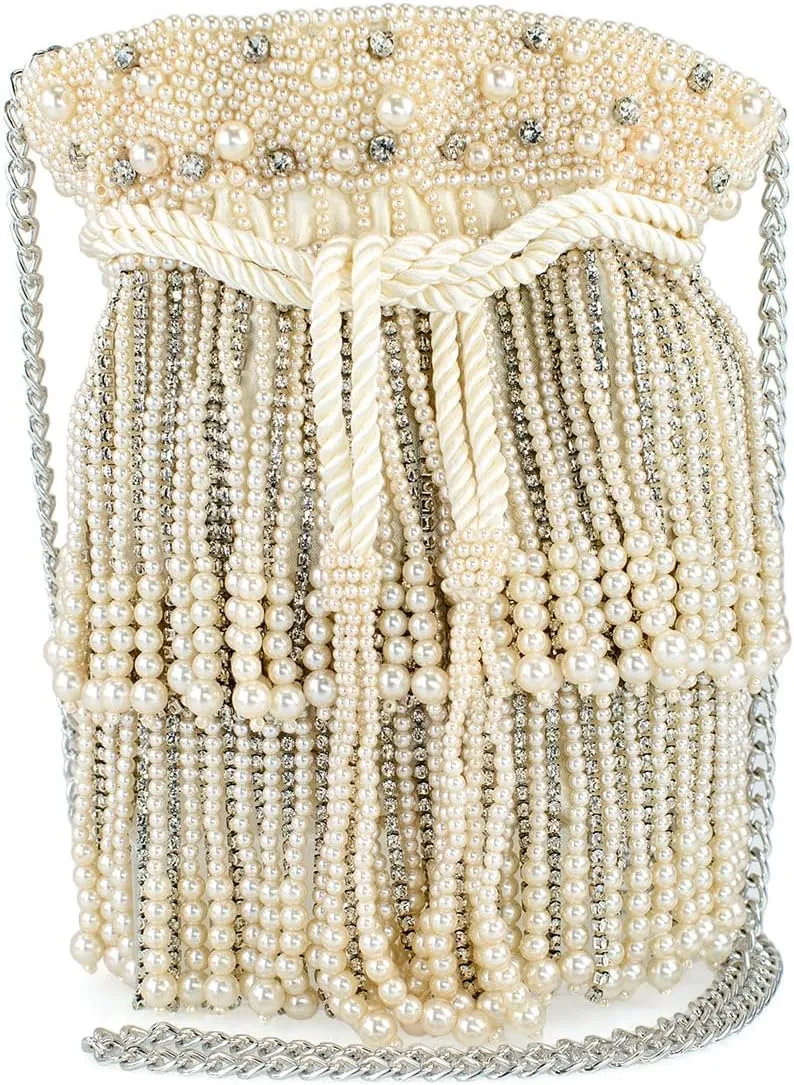 Mary Frances Elegant Pearl Beaded Crossbody Handbag Rhinestone Drawstring Novelty Evening Purse with Removable Chain Strap, Ivory