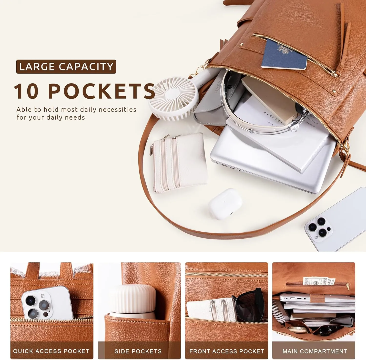 MEEJUNE Large Leather Backpack for Women Backpack Purse with Luggage Strap Crossdody Bag Travel Fashion Backpack Designer Ladies Shoulder bag with Adjustable Strap
