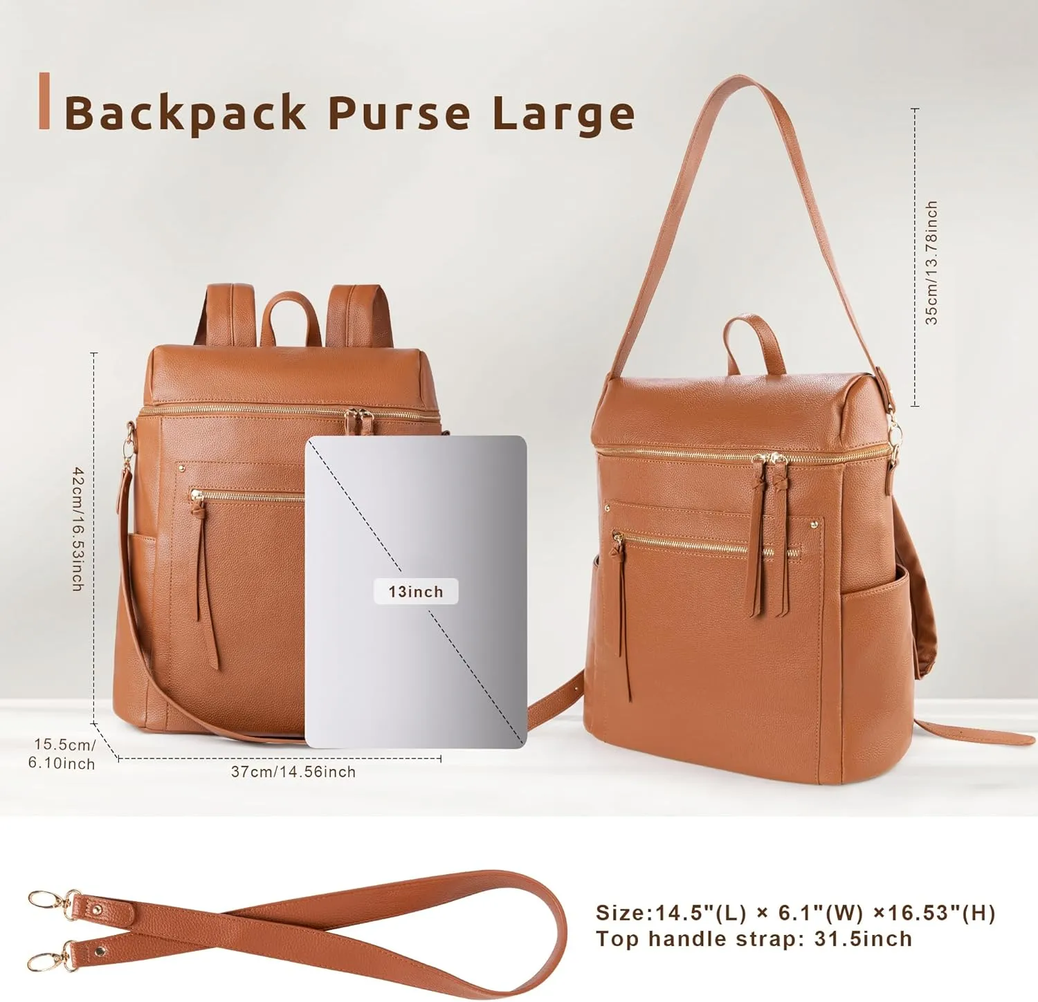 MEEJUNE Large Leather Backpack for Women Backpack Purse with Luggage Strap Crossdody Bag Travel Fashion Backpack Designer Ladies Shoulder bag with Adjustable Strap