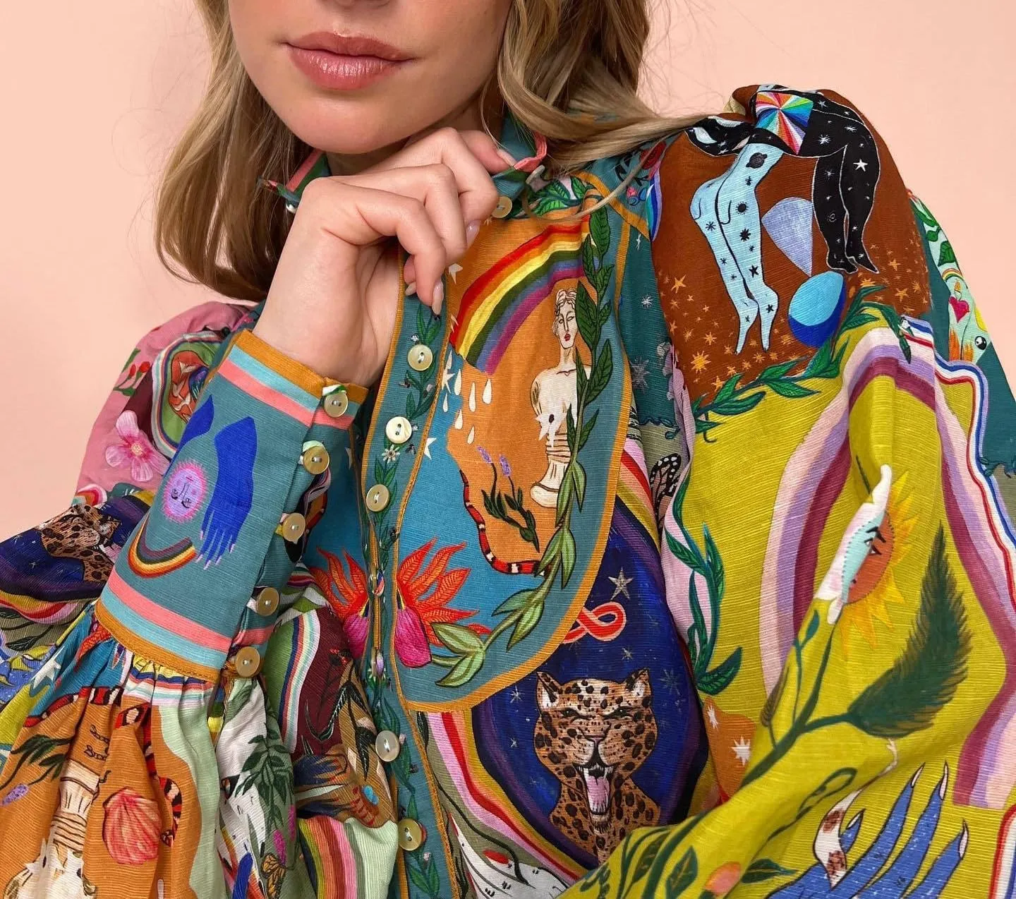 Melliflo Women's Polo Neck Retro French Court Style Dress Y2K Graffiti Puff Sleeve Dress Long Sleeve Babydoll Dress