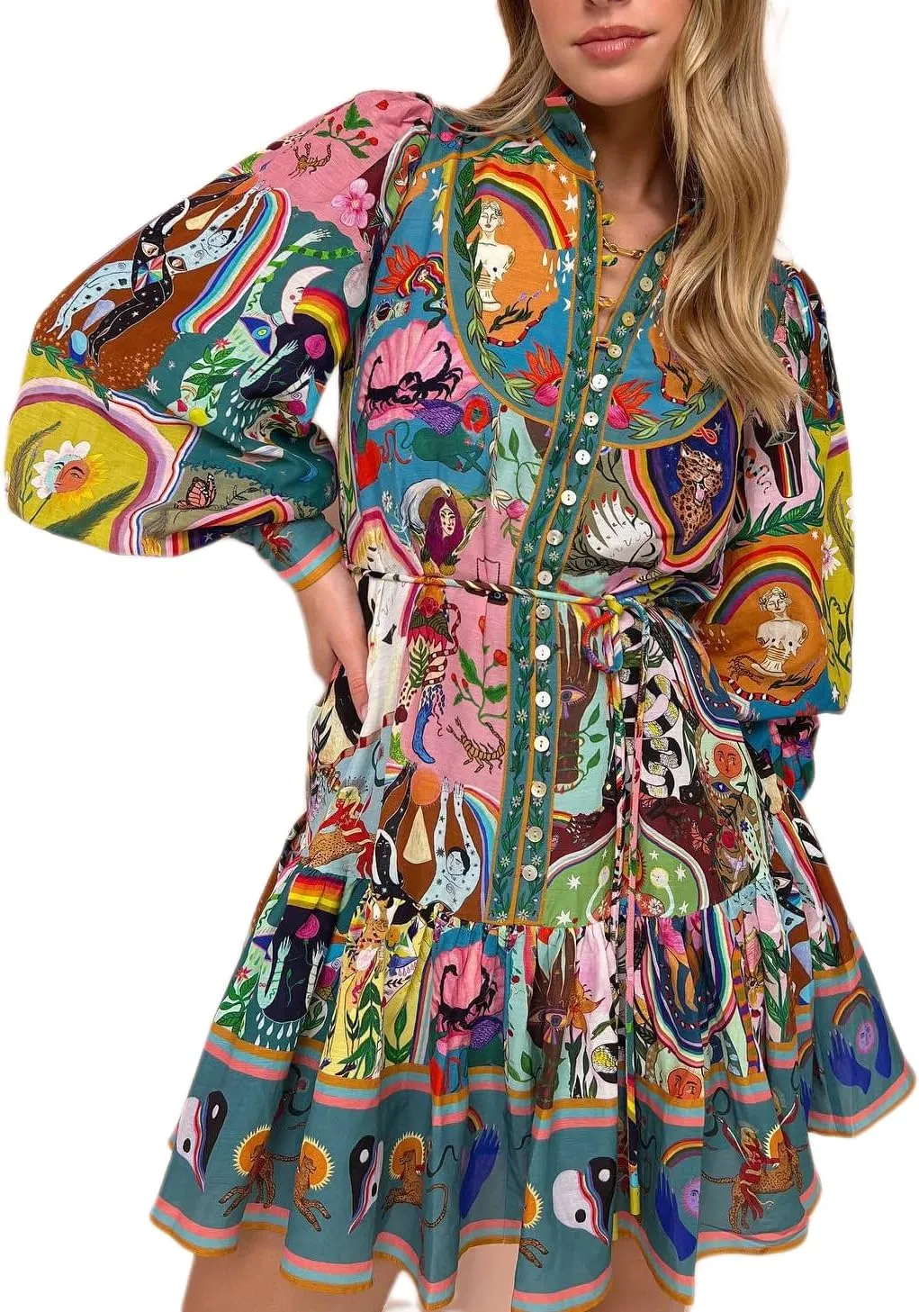 Melliflo Women's Polo Neck Retro French Court Style Dress Y2K Graffiti Puff Sleeve Dress Long Sleeve Babydoll Dress