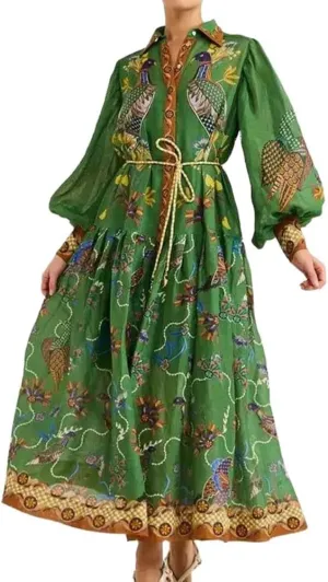 Melliflo Women's Polo Neck Y2K Graffiti Dress Retro French Court Style Pleated Long Sleeve Morana Maxi Dress