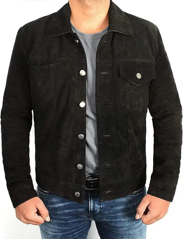 Men's Black Classic Trucker Style Casual Western Cowboy Lightweight Cotton Biker Jacket for Men