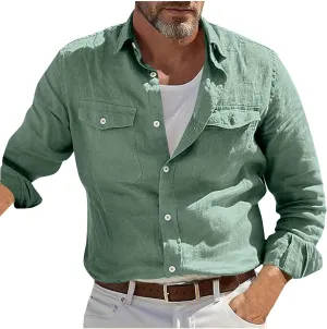 Mens Casual Solid Color Long Sleeve Shirts Cotton Linen Lapel Shirt with Pockets Casual Lightweight Button Down Tops