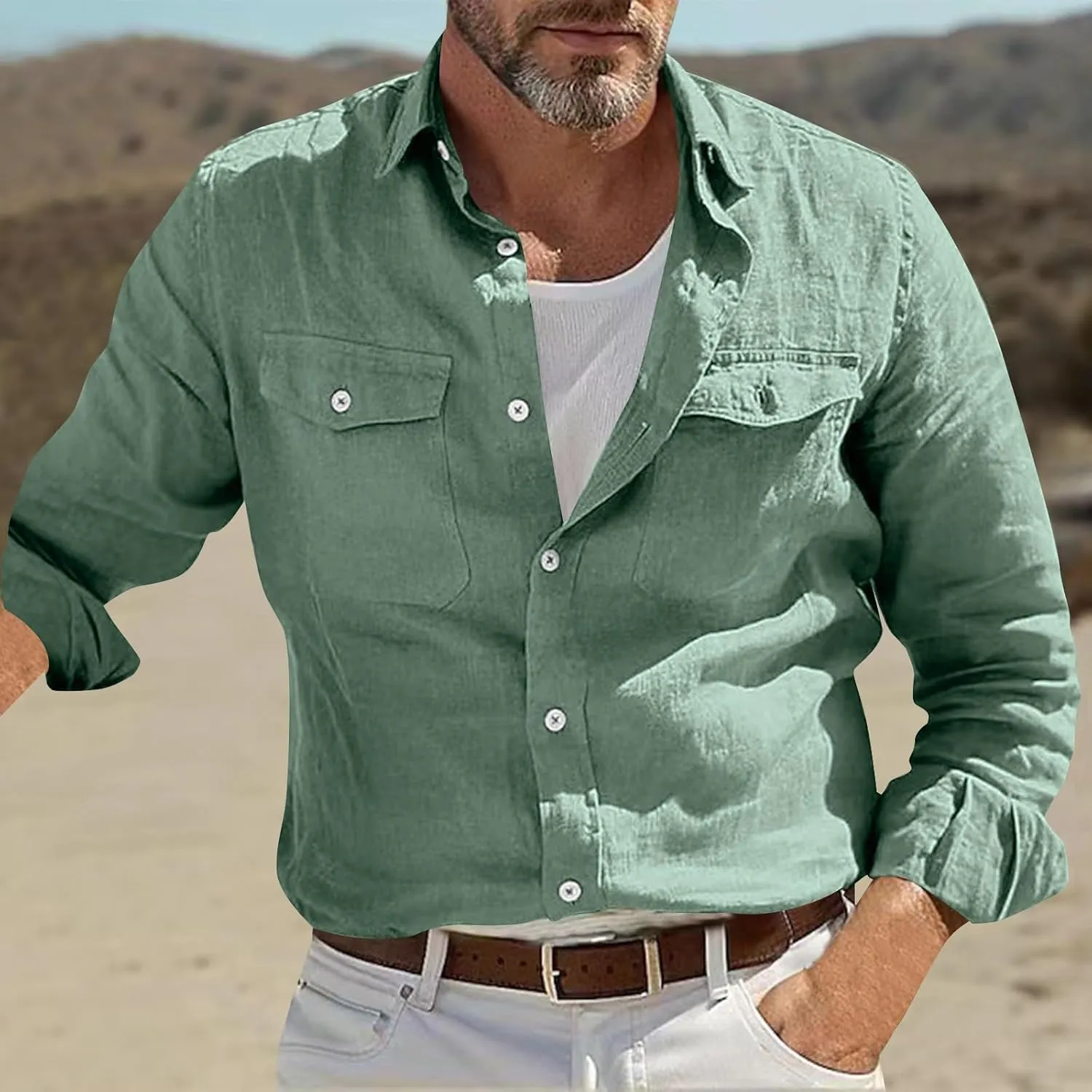 Mens Casual Solid Color Long Sleeve Shirts Cotton Linen Lapel Shirt with Pockets Casual Lightweight Button Down Tops