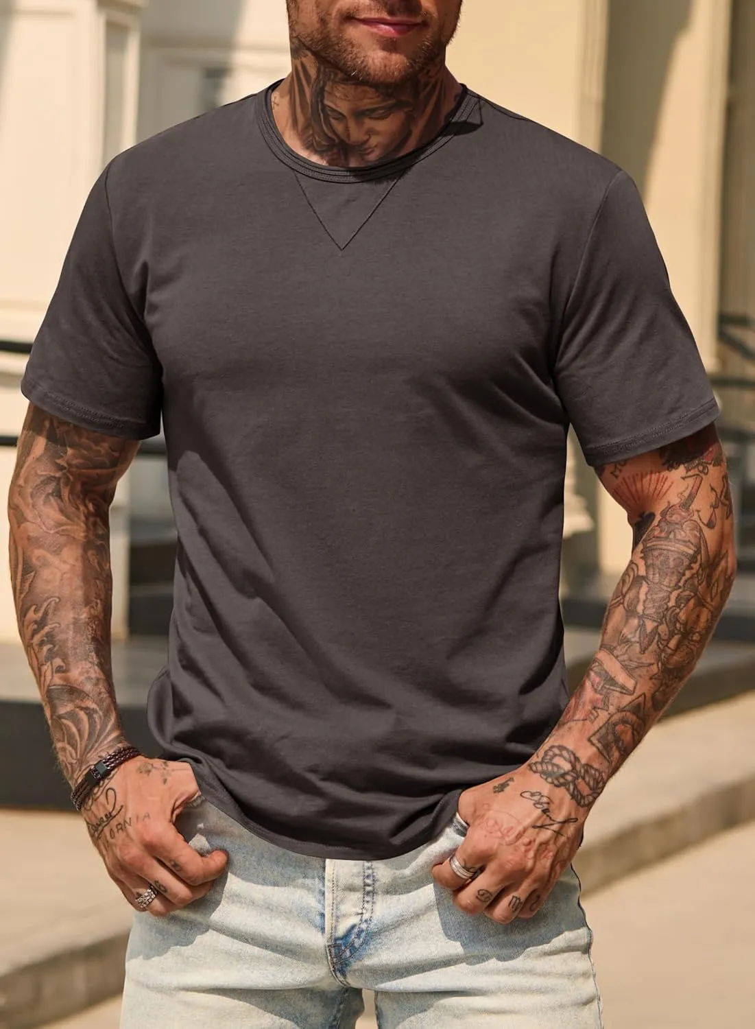 Men's Casual Tee Cotton Stretch Muscle Lightweight Crewneck Workout T-Shirt (S-XXL)