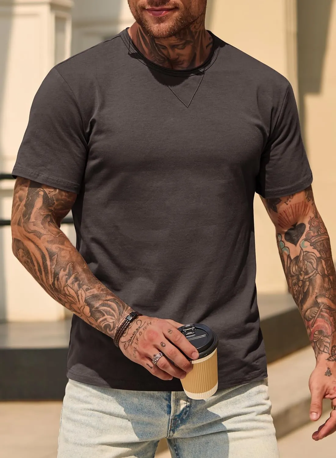 Men's Casual Tee Cotton Stretch Muscle Lightweight Crewneck Workout T-Shirt (S-XXL)