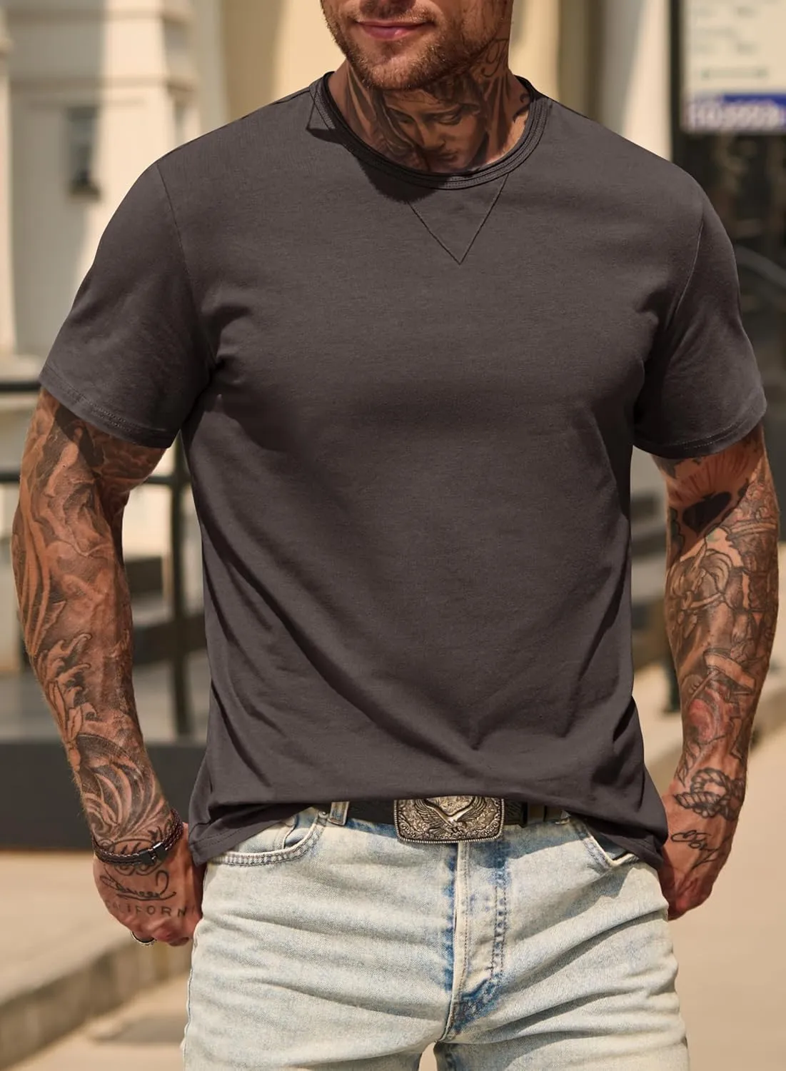 Men's Casual Tee Cotton Stretch Muscle Lightweight Crewneck Workout T-Shirt (S-XXL)