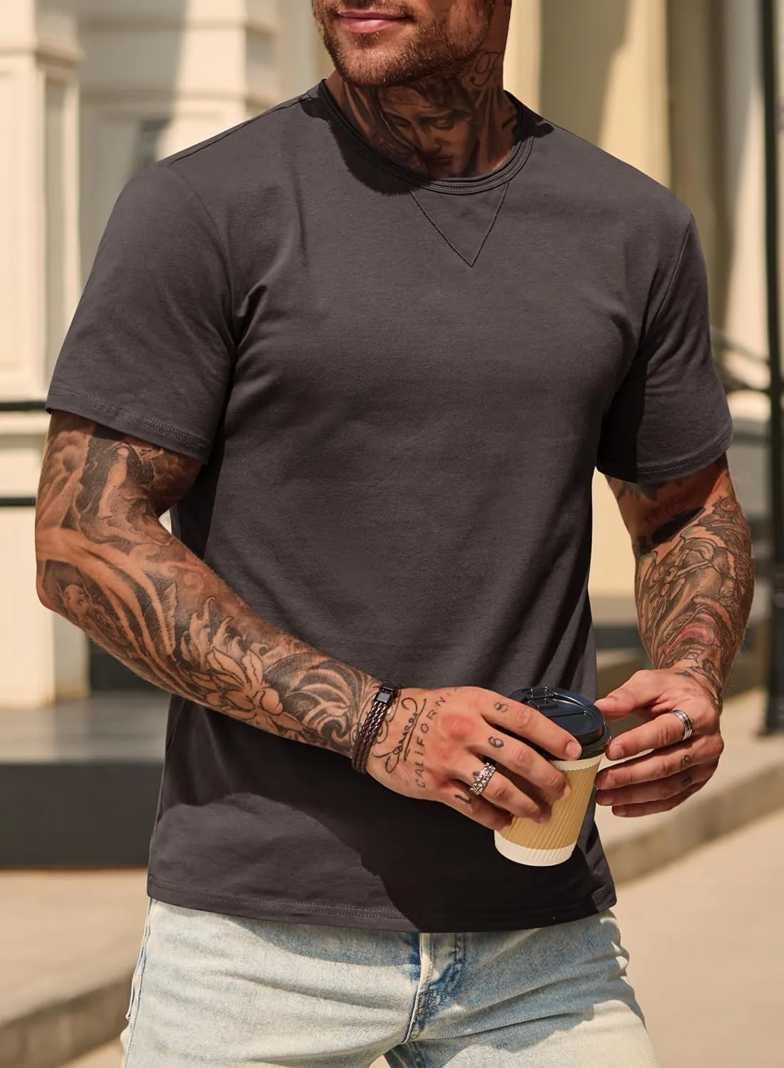Men's Casual Tee Cotton Stretch Muscle Lightweight Crewneck Workout T-Shirt (S-XXL)