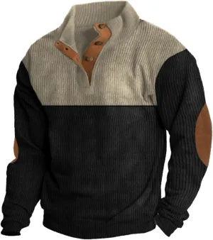 Mens Corduroy Sweater with Elbow Patches Long Sleeve Button Turtleneck Polo Shirts Vintage Waffle Sweatshirts