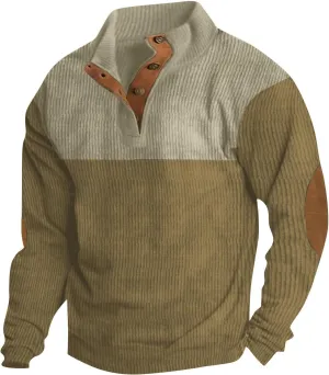 Mens Corduroy Sweater with Elbow Patches Long Sleeve Button Turtleneck Polo Shirts Vintage Waffle Sweatshirts
