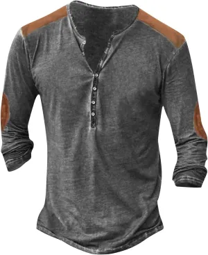 Mens Distressed Henley Shirts Retro Long Sleeve Tee Shirts Casual Button Down T-Shirts Slim Fit Viking Shirts