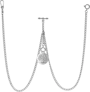 Men's Double Albert Chain Pocket Watch Curb Link Key Chain 3 Hooks with Antique Life Tree Pendant Design Charm Fob T Bar