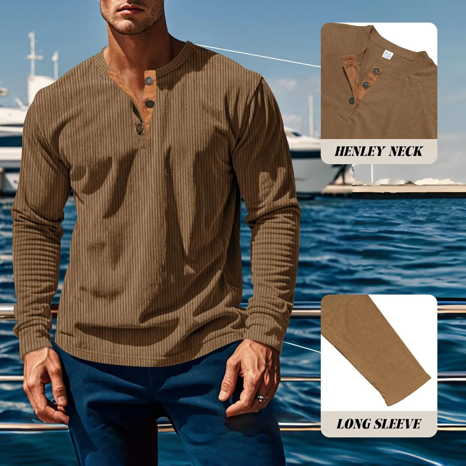 Men's Henley Shirts Corduroy Long Sleeve Button T-Shirt Casual Lightweight Pullover Shirt