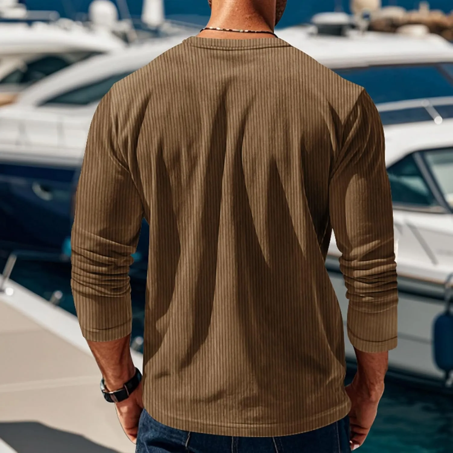 Men's Henley Shirts Corduroy Long Sleeve Button T-Shirt Casual Lightweight Pullover Shirt