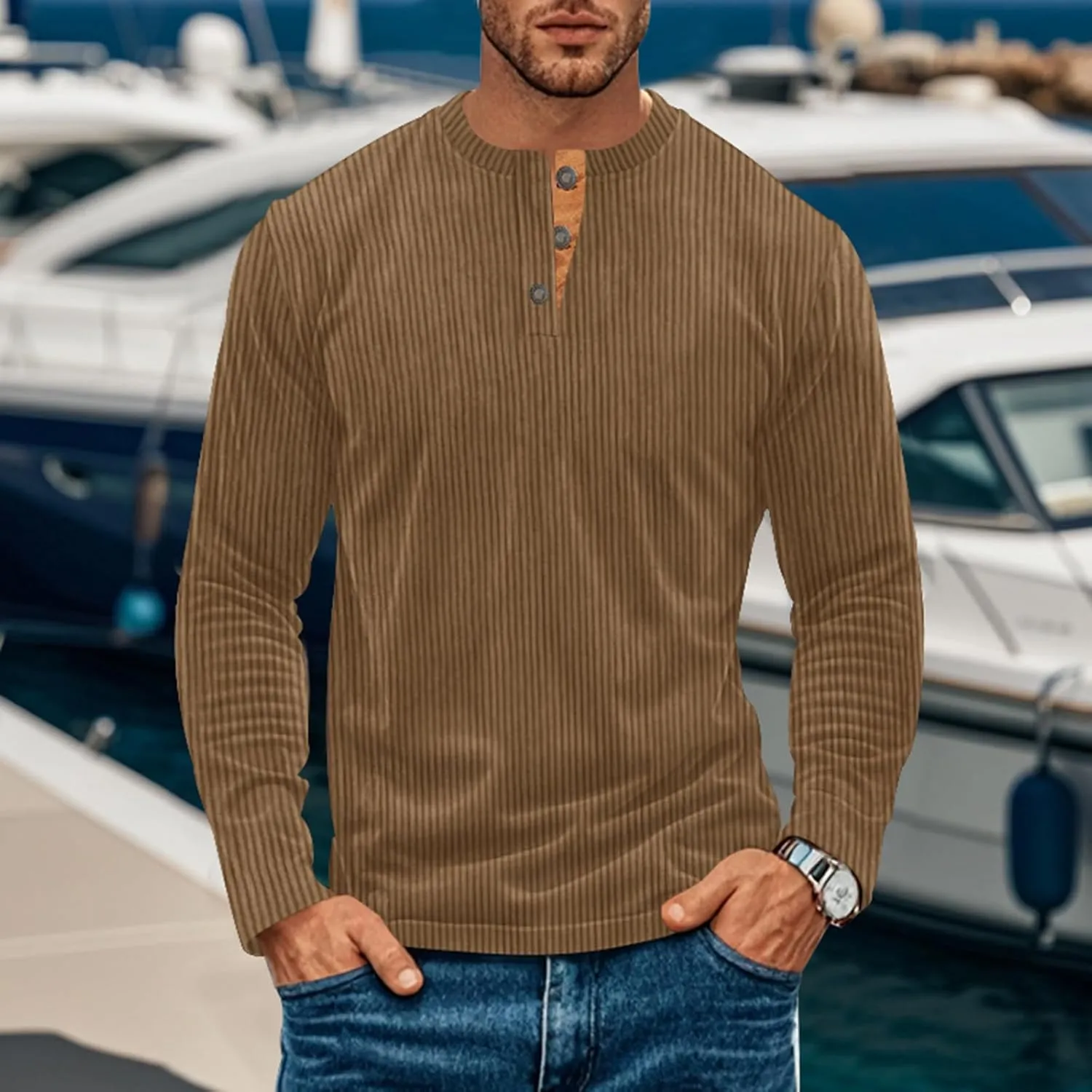 Men's Henley Shirts Corduroy Long Sleeve Button T-Shirt Casual Lightweight Pullover Shirt