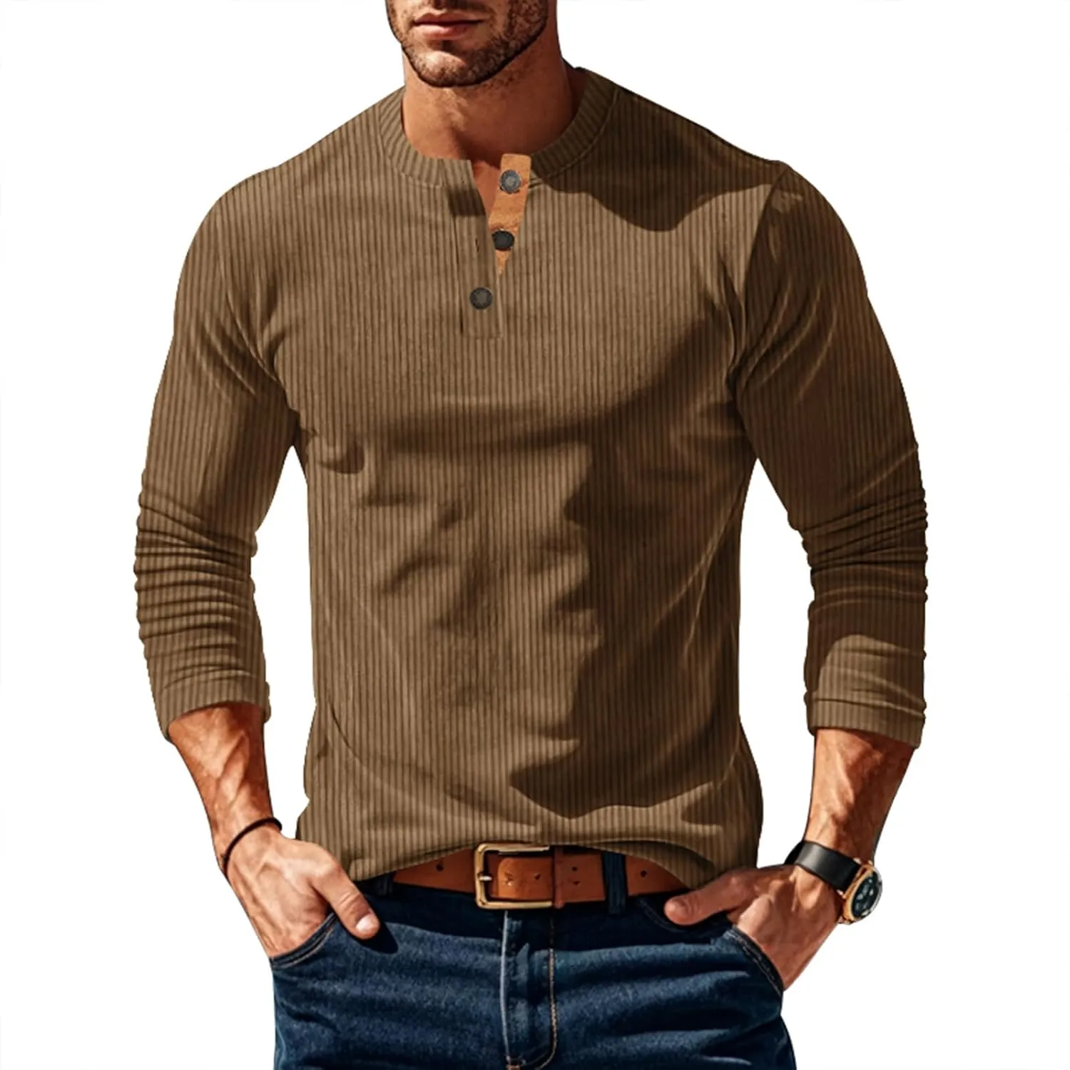Men's Henley Shirts Corduroy Long Sleeve Button T-Shirt Casual Lightweight Pullover Shirt