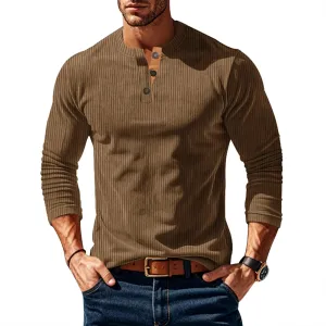 Men's Henley Shirts Corduroy Long Sleeve Button T-Shirt Casual Lightweight Pullover Shirt