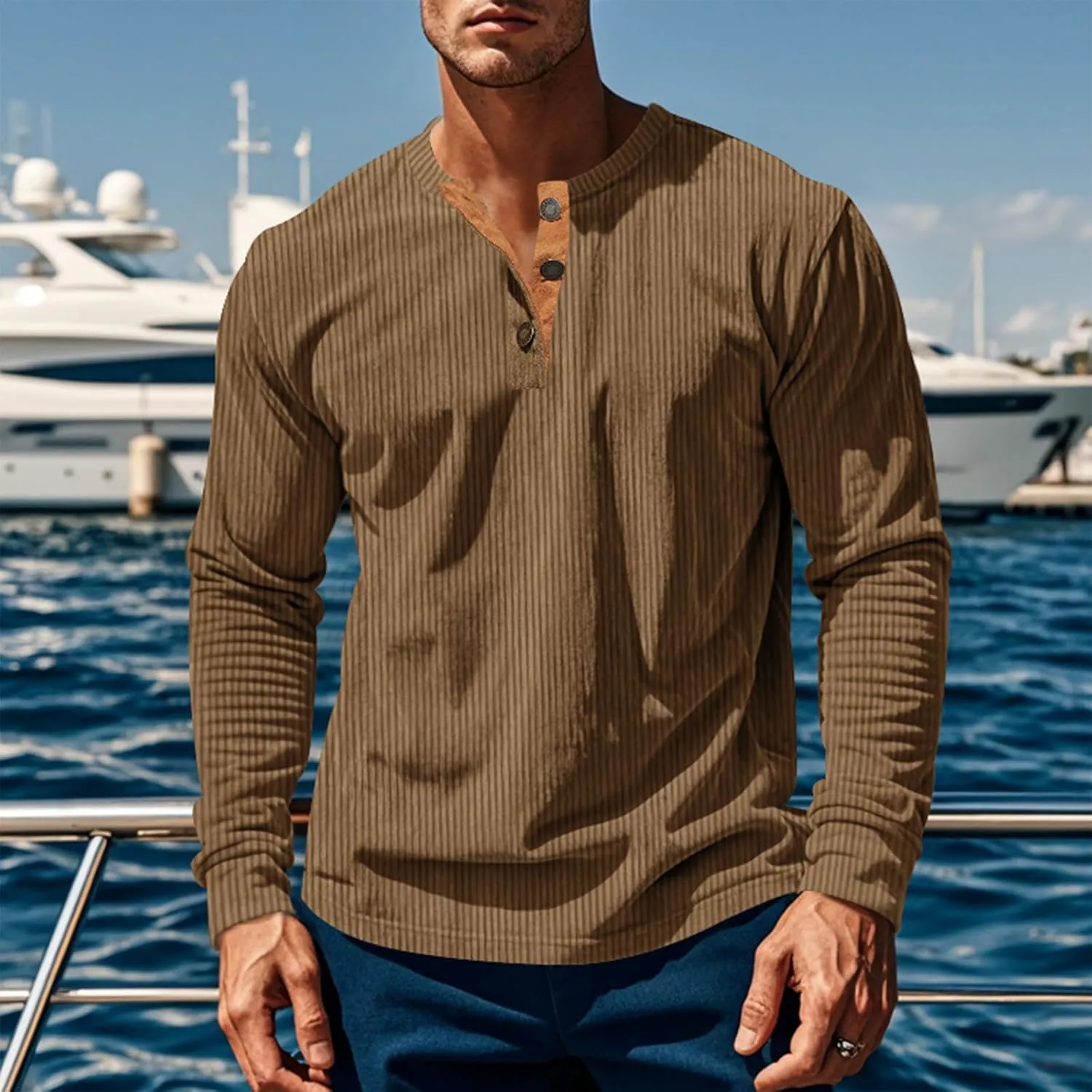 Men's Henley Shirts Corduroy Long Sleeve Button T-Shirt Casual Lightweight Pullover Shirt