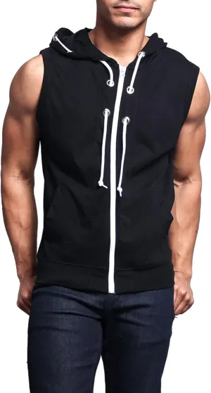Men's Lightweight Athletic Casual Sleeveless Contrast Zipper Hoodie