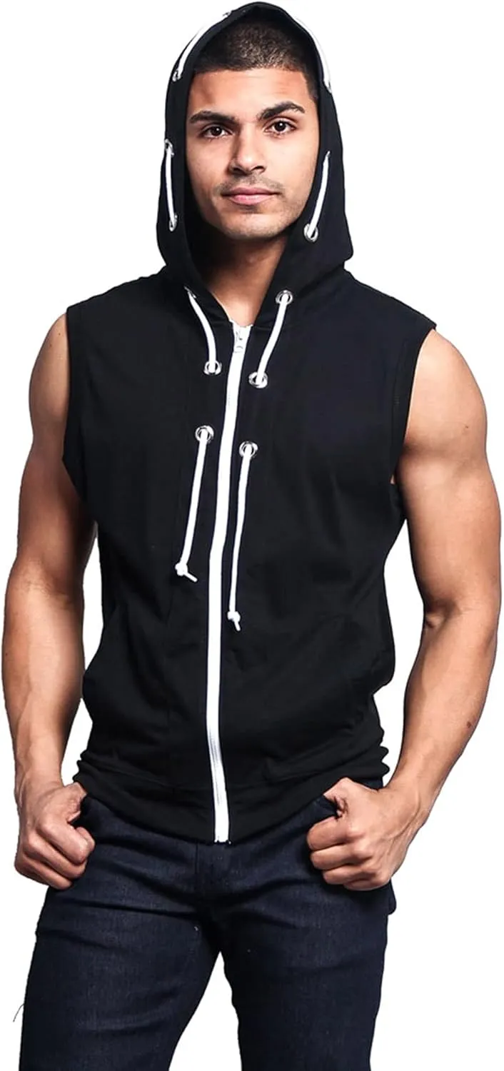 Men's Lightweight Athletic Casual Sleeveless Contrast Zipper Hoodie