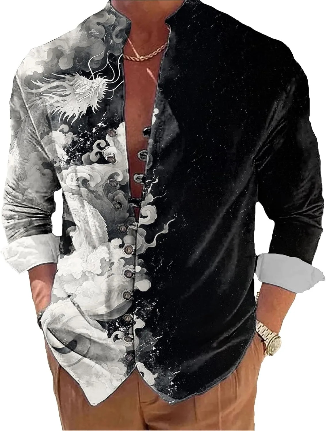 Mens Long Sleeve Shirt Floral Button Down Collared Loose Fit Casual Vintage Hippie Summer Breathable Shirts