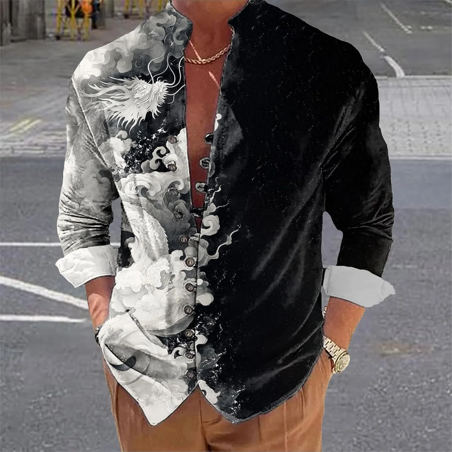 Mens Long Sleeve Shirt Floral Button Down Collared Loose Fit Casual Vintage Hippie Summer Breathable Shirts