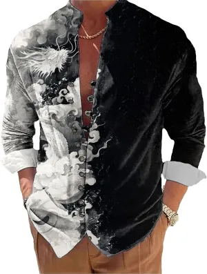 Mens Long Sleeve Shirt Floral Button Down Collared Loose Fit Casual Vintage Hippie Summer Breathable Shirts