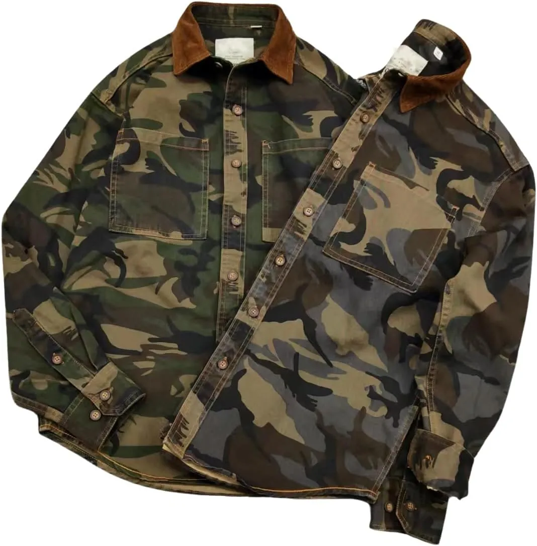 Men's Military Camo Button Down Shirt, Cotton Canvas, Corduroy Collar, Long Sleeve, Regular Fit