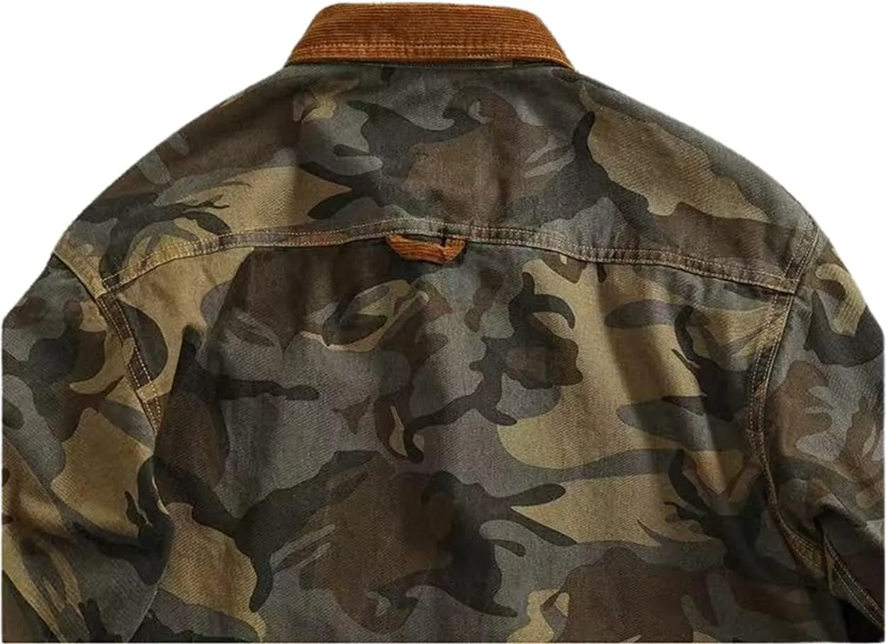 Men's Military Camo Button Down Shirt, Cotton Canvas, Corduroy Collar, Long Sleeve, Regular Fit