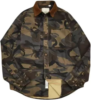 Men's Military Camo Button Down Shirt, Cotton Canvas, Corduroy Collar, Long Sleeve, Regular Fit