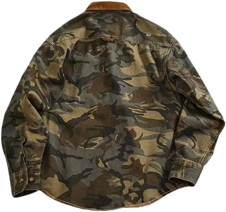 Men's Military Camo Button Down Shirt, Cotton Canvas, Corduroy Collar, Long Sleeve, Regular Fit