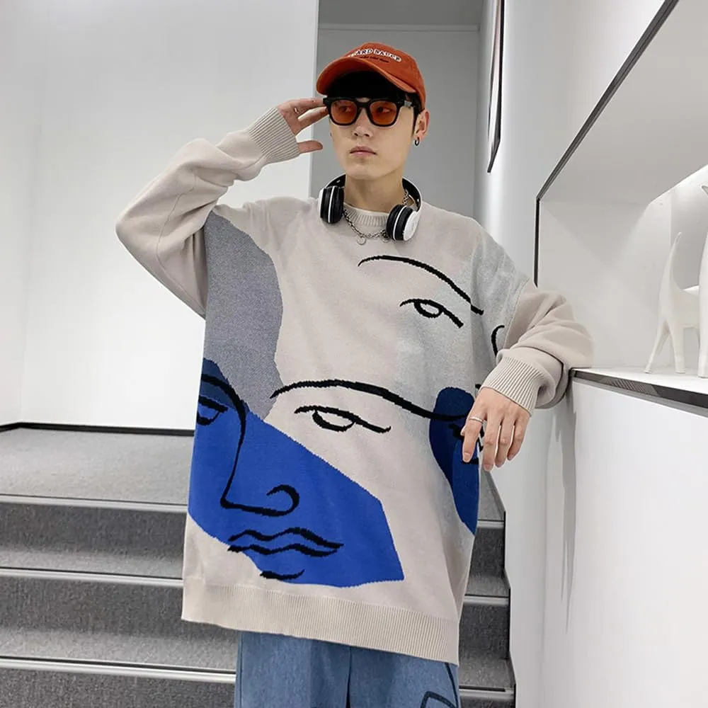 Men's Oversized Graffiti Sweaters Soft Cotton Long Sleeve Graphic Pullovers