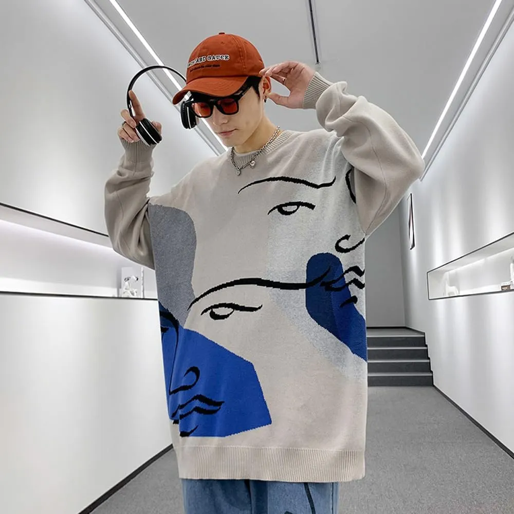 Men's Oversized Graffiti Sweaters Soft Cotton Long Sleeve Graphic Pullovers