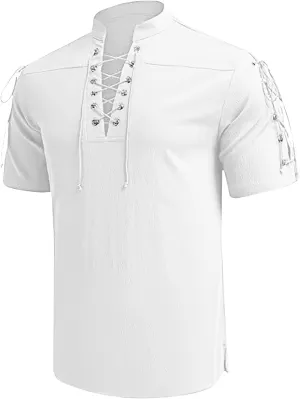 Men's Summer Half-Sleeve Shirts Workout Fitness Sports Breathable Lightweight Beach Shirts Lace-Up Casual Tunic Tops