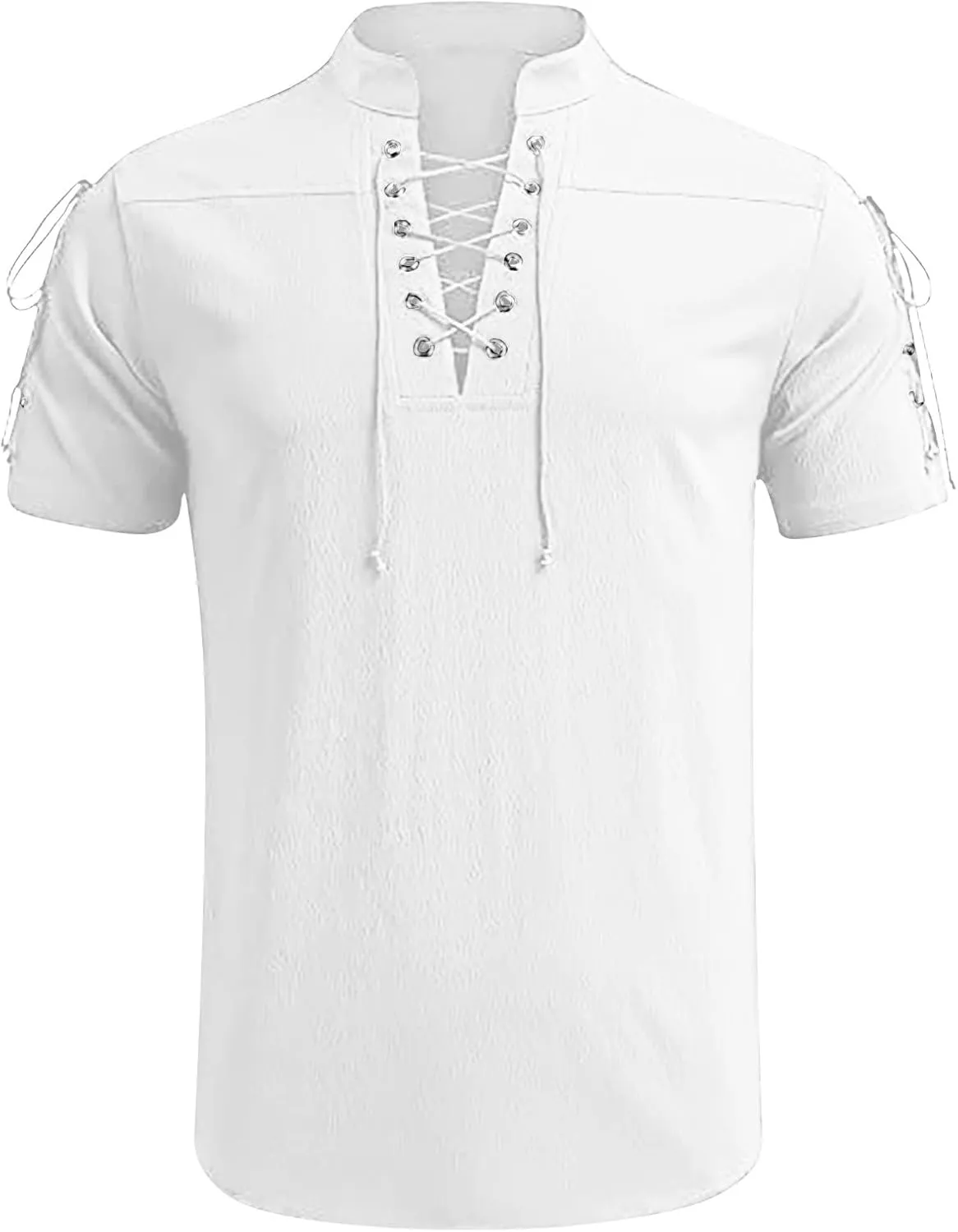Men's Summer Half-Sleeve Shirts Workout Fitness Sports Breathable Lightweight Beach Shirts Lace-Up Casual Tunic Tops