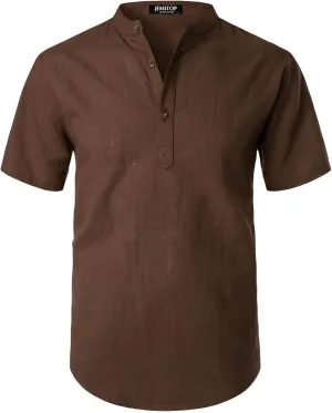Men's Summer Lightweight Cotton Linen Shirts Casual Short Sleeve Breathable Banded Collar Henley for Beach Vacation