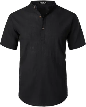 Men's Summer Lightweight Cotton Linen Shirts Casual Short Sleeve Breathable Banded Collar Henley for Beach Vacation