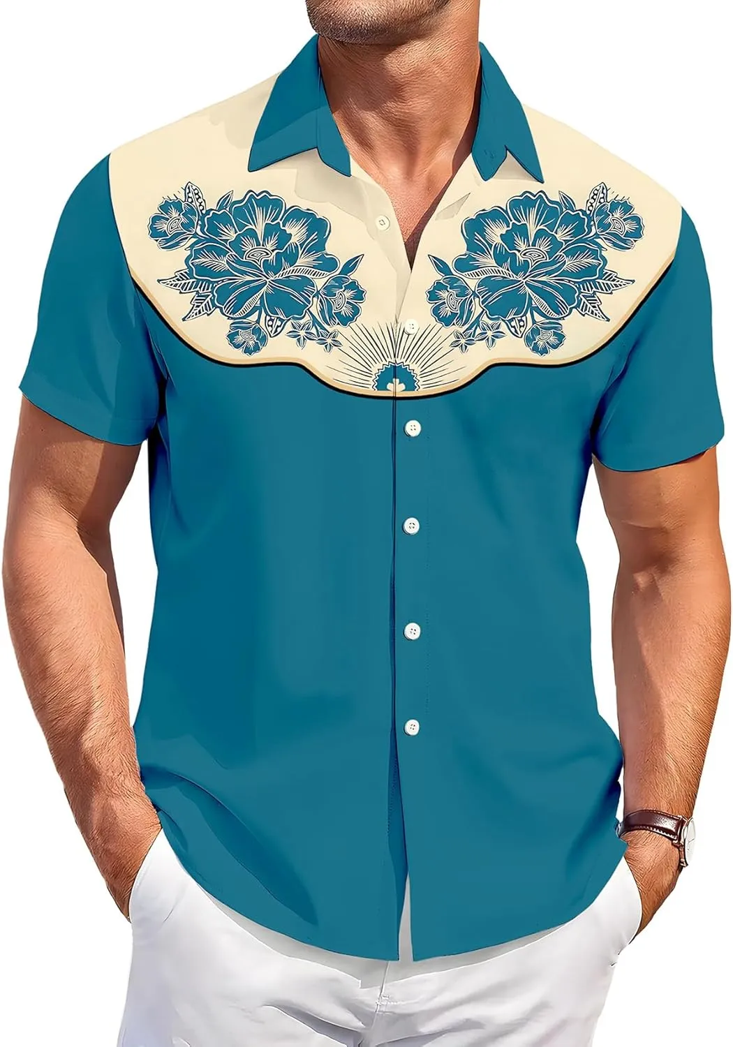 Men's Summer Short Sleeve Button Down Shirt Tropical Flower Palm Tree Beach Vacation Hawaiian Shirt