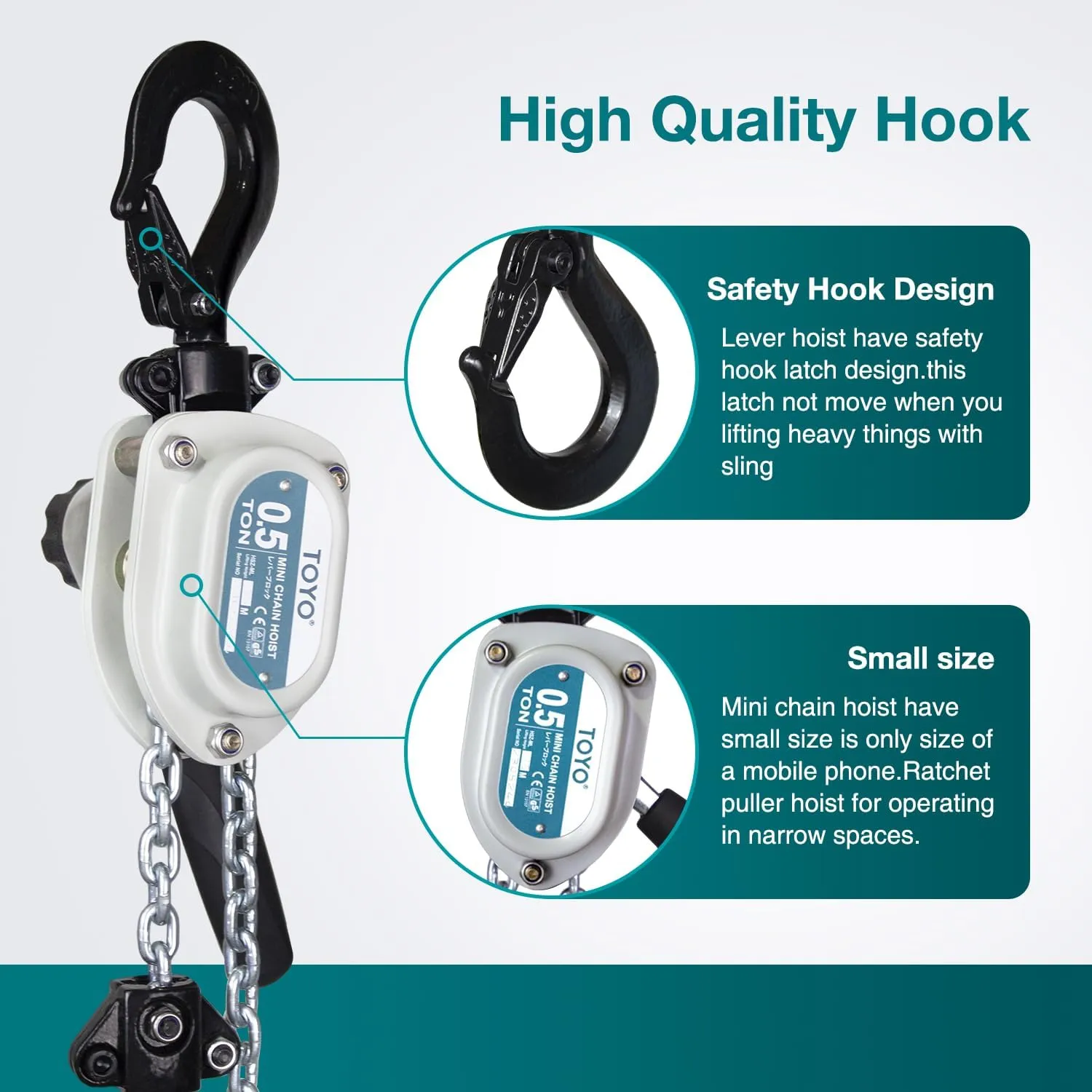 Mini Chain Hoist 1100lb TOYO Manual Lever Hoist 1/2 ton mini Puller 20ft Hand Lever Chain Hoist 6M Come Along Ratchet Lever Block Garages Warehouse Automotive Machinery