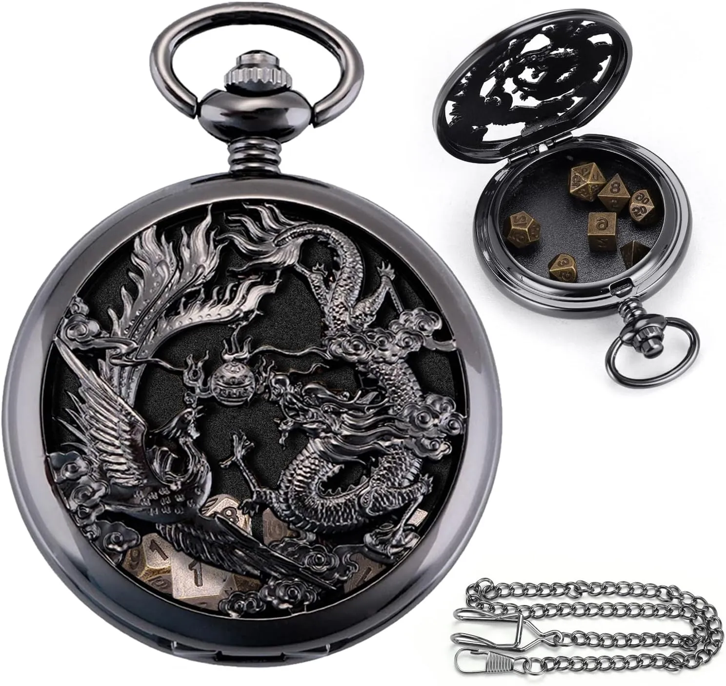 Mini DND Dice Set DND Pocket Watch Shell 7PCS Micro Polyhedral Dice Set Metal Dice Dungeons and Dragons Gifts Accessories Black