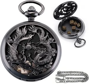 Mini DND Dice Set DND Pocket Watch Shell 7PCS Micro Polyhedral Dice Set Metal Dice Dungeons and Dragons Gifts Accessories Black