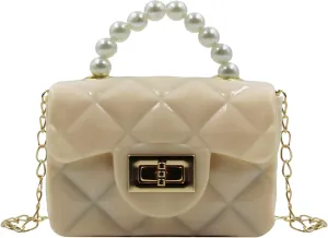 Mini Pink Purse for Little Girls Fashion Candy Handbag Satchel Jelly Shoulder Bag Crossbody Purse with Pearls Handle(Small)
