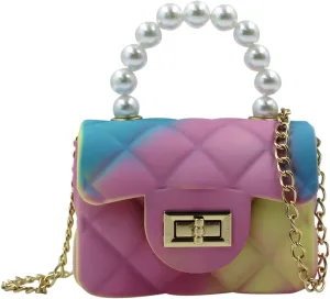 Mini Pink Purse for Women Tie Dyed Toy Handbag Jelly Shoulder Bag Satchel Crossbody Purse with Pearls Handle(Small)