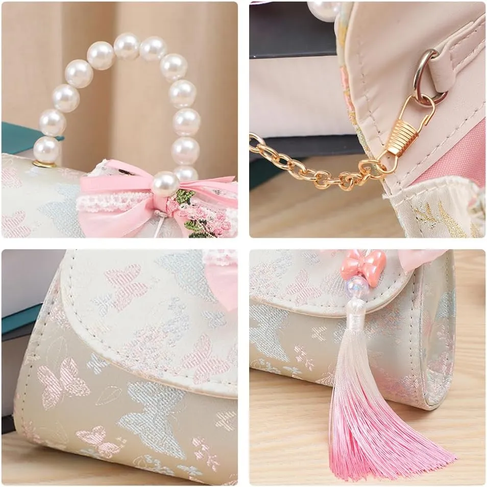 Mini Retro Handbag with Pearl handle, Vintage Embroidered Purse with Tassel for Little Girls, Rose