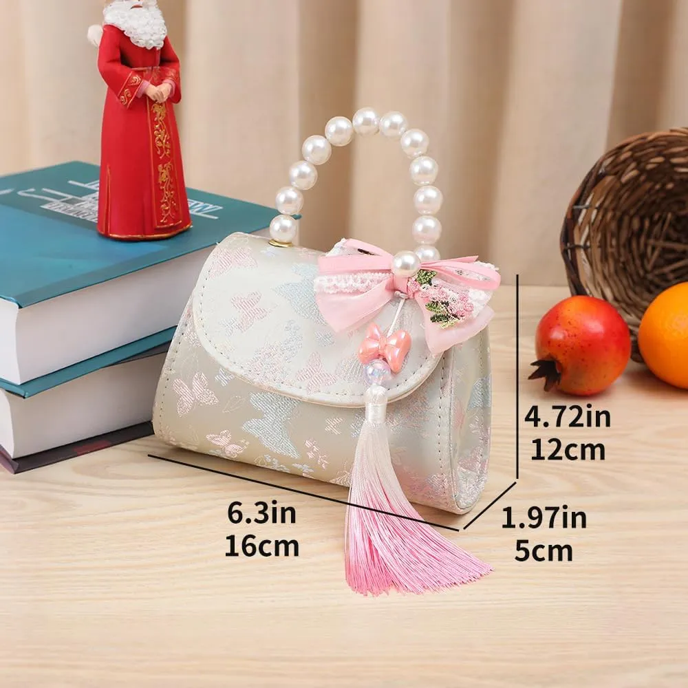 Mini Retro Handbag with Pearl handle, Vintage Embroidered Purse with Tassel for Little Girls, Rose